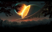 mountains nature outer space trees stars futuristic planets buildings collision 1920x1200 wallpap Wallpaper